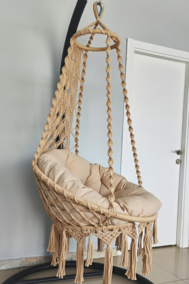 Tek Kişilik Makrome El Örgüsü Salıncak MİS38001BejM (Sadece Salıncak + Minder) - 2