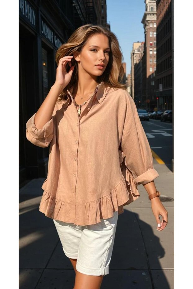 Women's %100 Cotton Flam Voile Fabric Long Sleeve Skirt Ruffled Loose Shirt 700-3570330