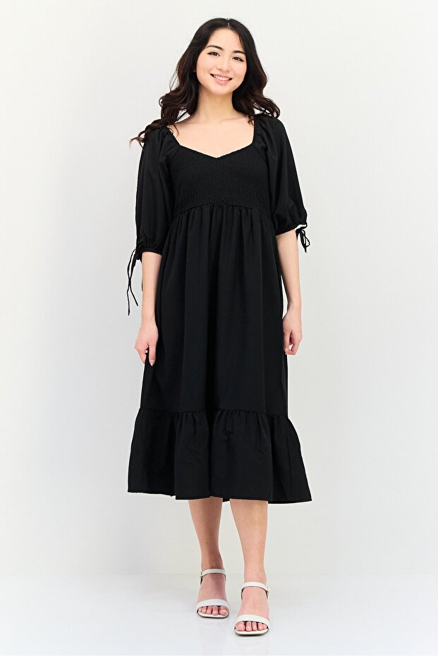 Women Ruched Tiered Dress, Black