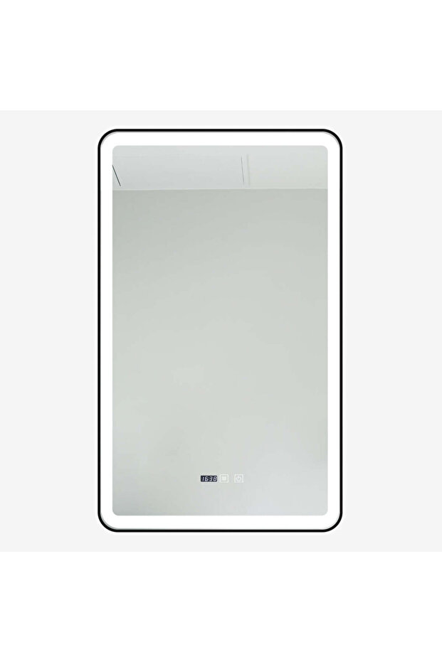 LED Mirror with Touch, 60 X 100 Cm, with Defog Function and Clock, Matte Black Frame, J38, - 9