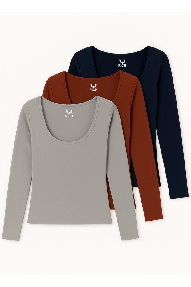 Women's Grey-Burgundy-Navy Blue 3-Pack U Neck Long Sleeve Blouse
