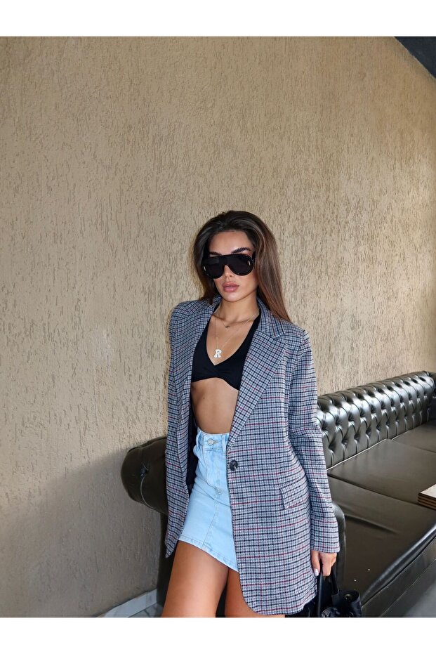 Gri Astarlı Dirsek Detaylı Tek Düğme Kruvaze Blazer Ceket - 5