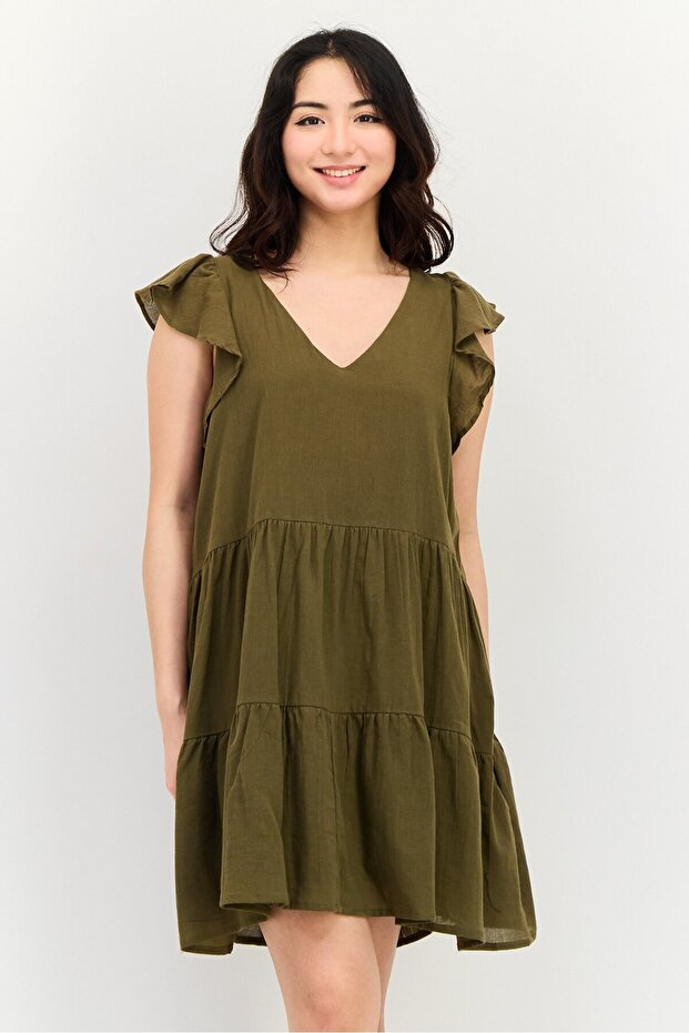 Women Solid Mini Dress, Olive