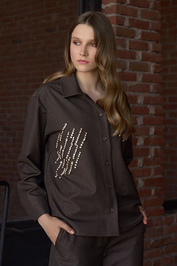 Taş işlemeli jean gömlek - 1