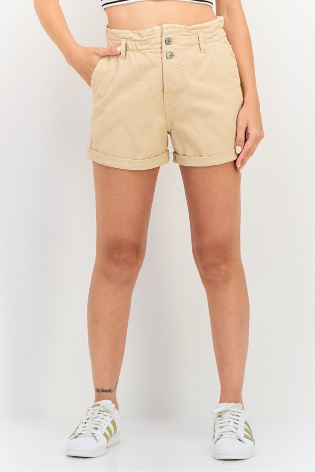 Women High Waist Elastic Shorts, Beige