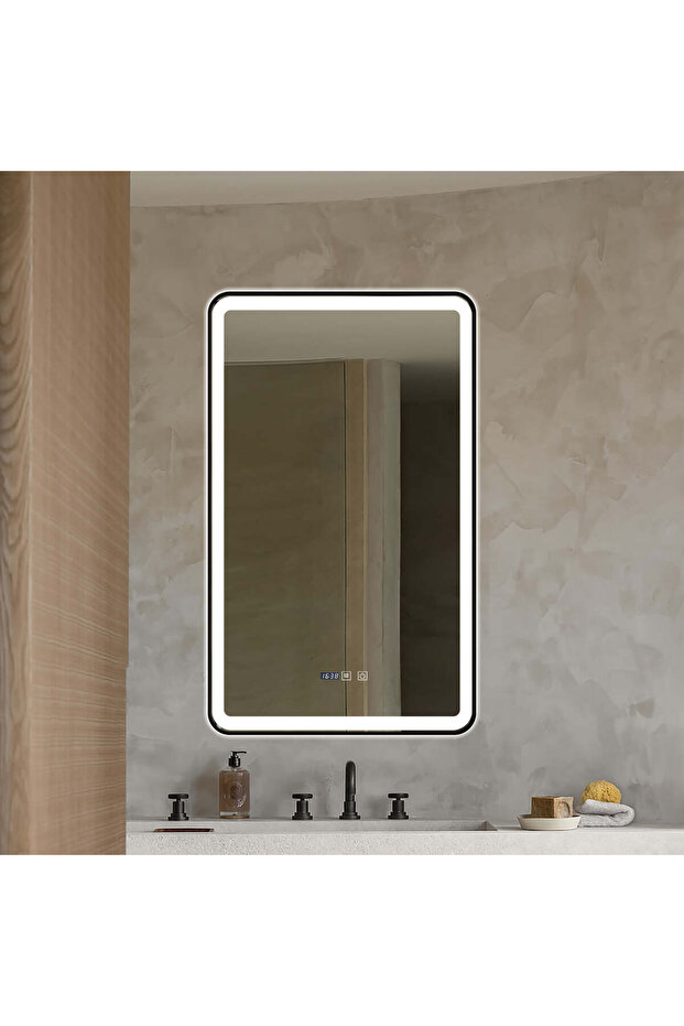LED Mirror with Touch, 60 X 100 Cm, with Defog Function and Clock, Matte Black Frame, J38, - 7