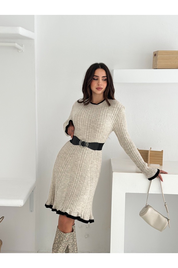 Kemerli Fitilli Bisiklet Yaka Triko Elbise - 4