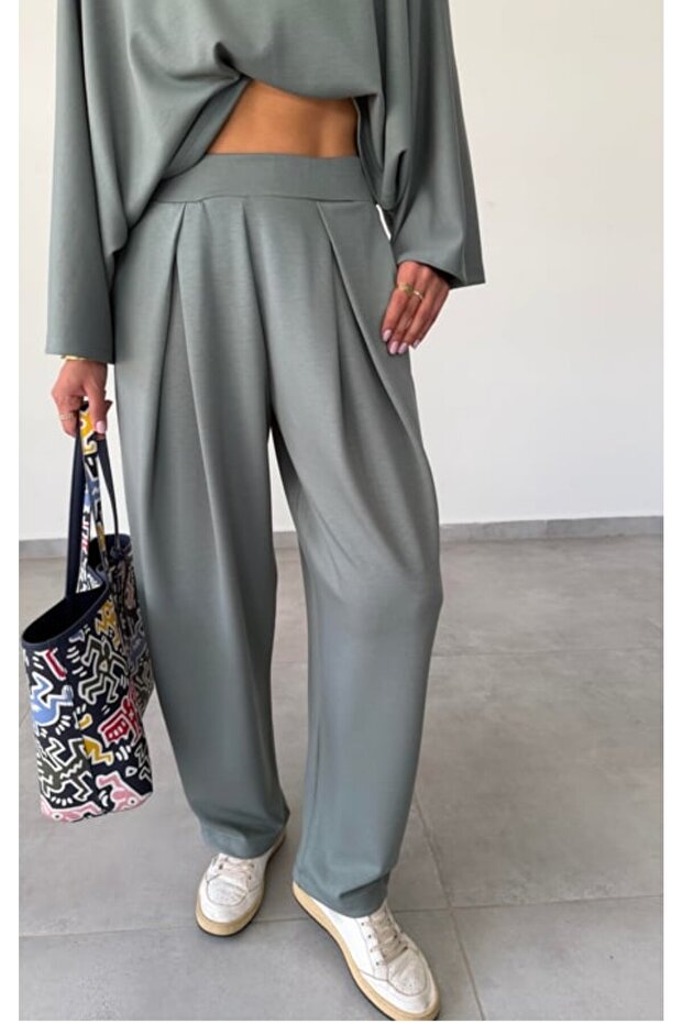 Yarasa Kol Crop Modal Bluz - Ön Pileli Şalvar Takım - 1