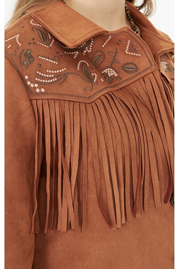 Süet Nakışlı Püsküllü Ceket Taba - 5