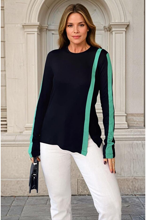 Women's Long Sleeve Round Neck Slit Asymmetrical Blouse 700-3586198