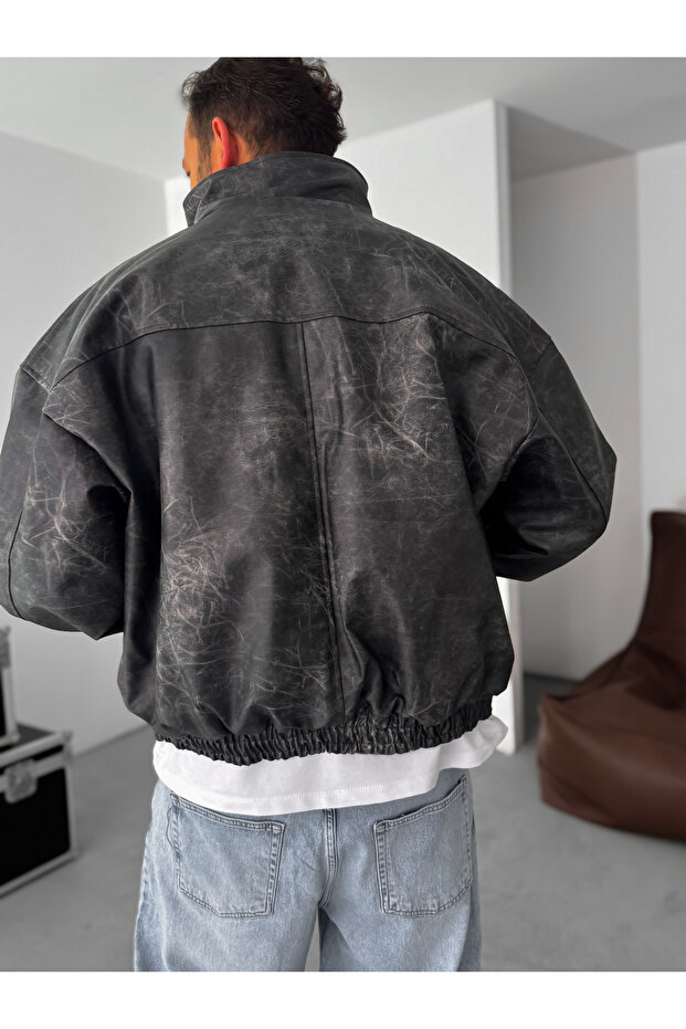 معطف جلد بومبر أسود اللون EP-7321 - 5