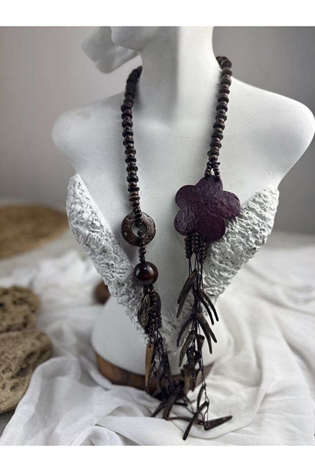 Ahşap çiçekli işlemeli bohem kolye - 1