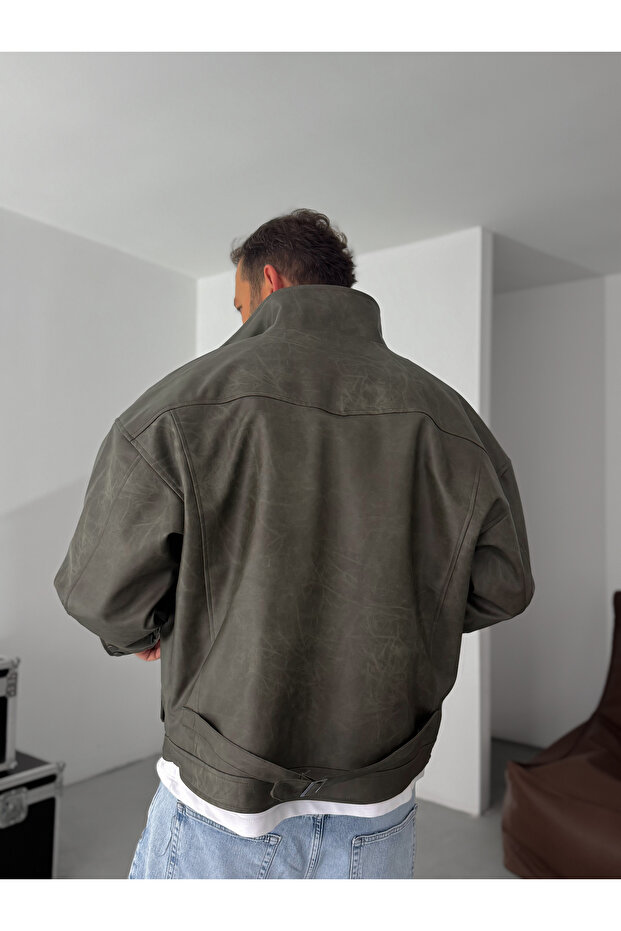 Haki Çift Cepli Efektli Bomber Deri Mont EP-7301 - 7