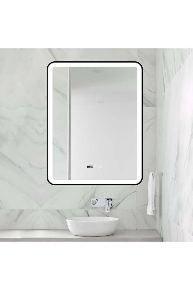 LED Mirror with Touch, 70 X 90 Cm, with Defog Function and Clock, Matte Black Frame, J39, - 2