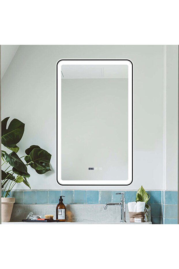 LED Mirror with Touch, 60 X 100 Cm, with Defog Function and Clock, Matte Black Frame, J38, - 1