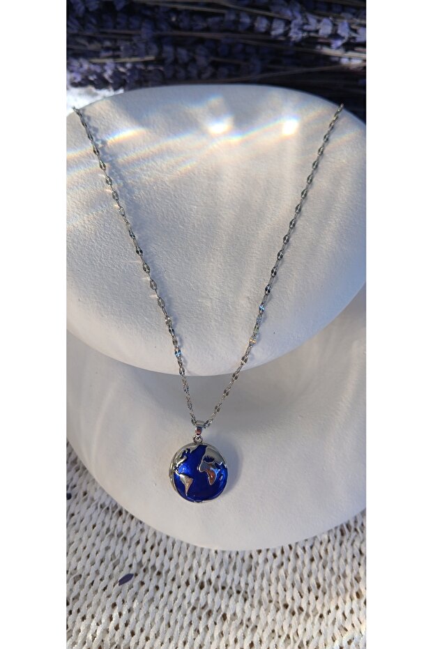 Dünya Detaylı Çelik Kolye - 3