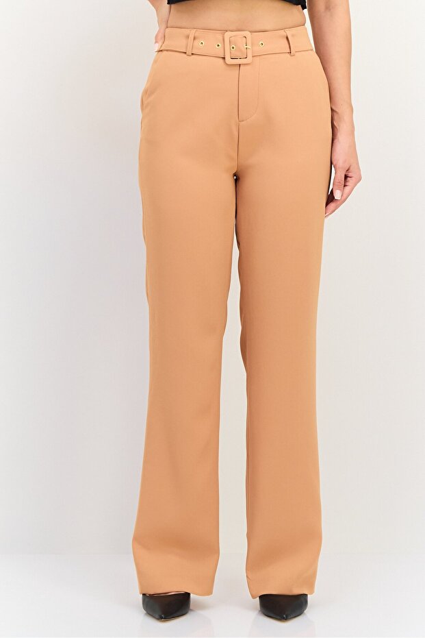 Women Regular Fit Solid Straight Leg Pants, Dark Tan