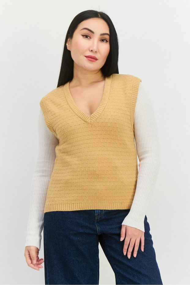 Women V Neck Knitted Vest, Gold
