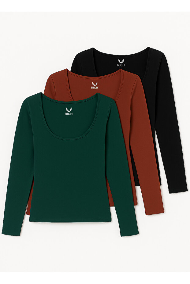 Women's Dark Green-Burgundy-Black 3-Pack U Neck Long Sleeve Blouse