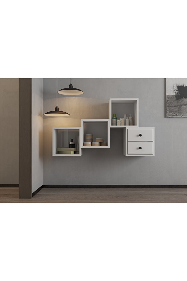 Modüler Duvar Tipi Çok Amaçlı Dolap & Raf Seti – banyo, antre, oturma– Beyaz-PNR-ÇA-D-1008 - 2