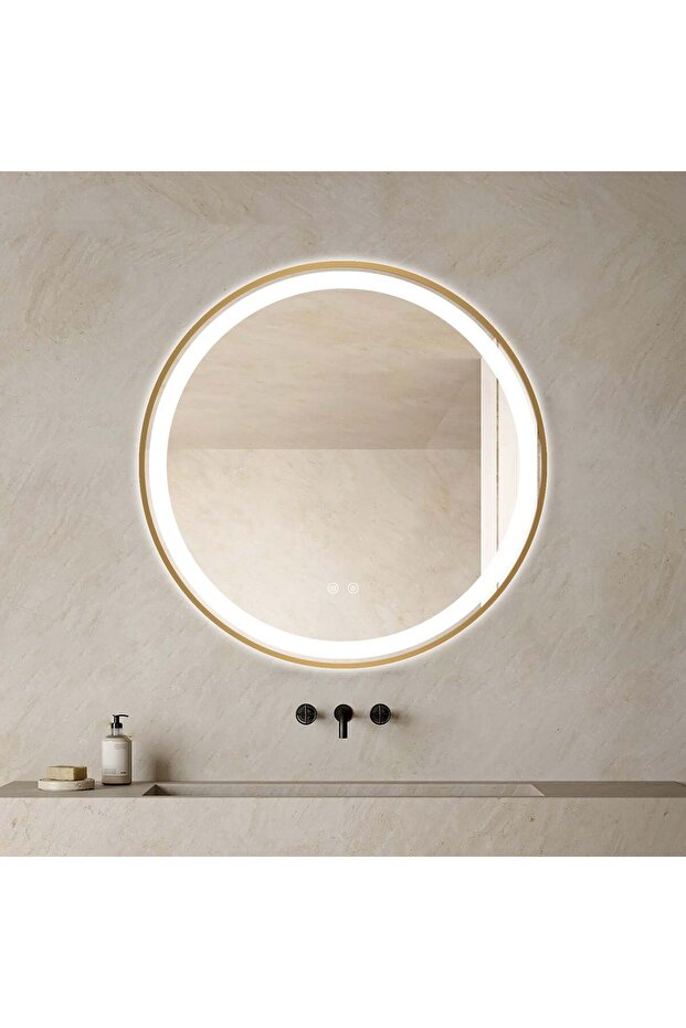 LED Mirror, Round 70 X 70 Cm, Defog Function, LED Touch, Gold Frame, J06, - 2