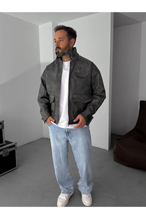 Siyah Çift Cepli Efektli Bomber Deri Mont EP-7301 - 5