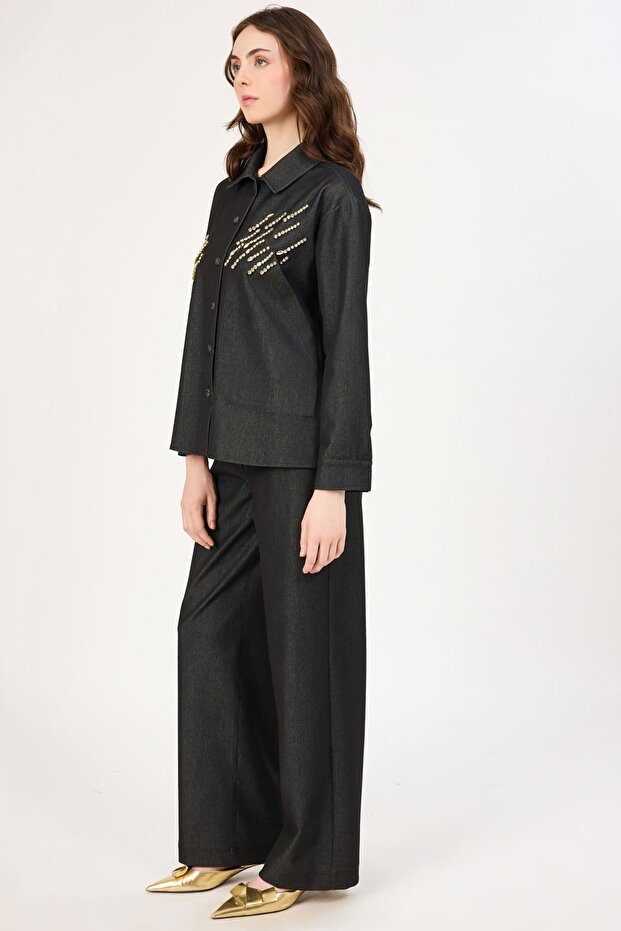 Taş işlemeli jean gömlek - 3