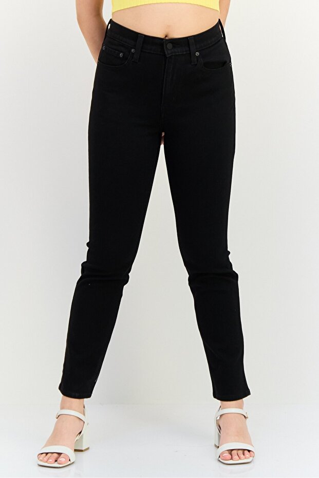 Women Slim Fit Washed Straight Leg Jeans, Black