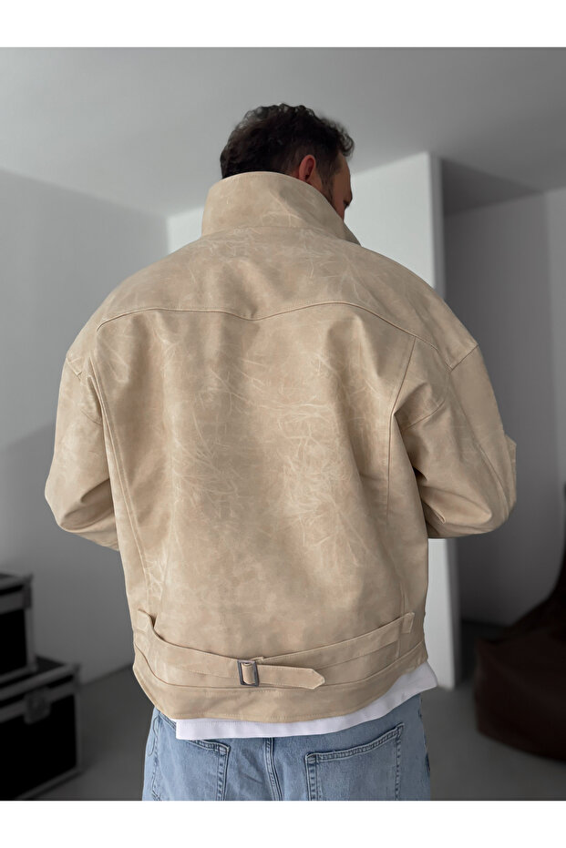 Bej Çift Cepli Efektli Bomber Deri Mont EP-7301 - 5