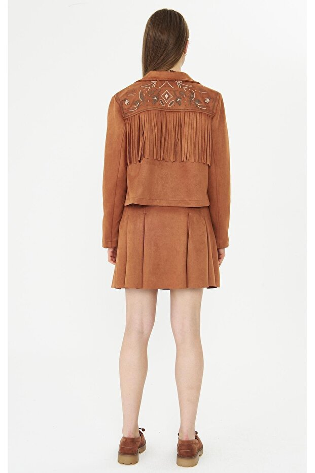 Süet Nakışlı Püsküllü Ceket Taba - 3