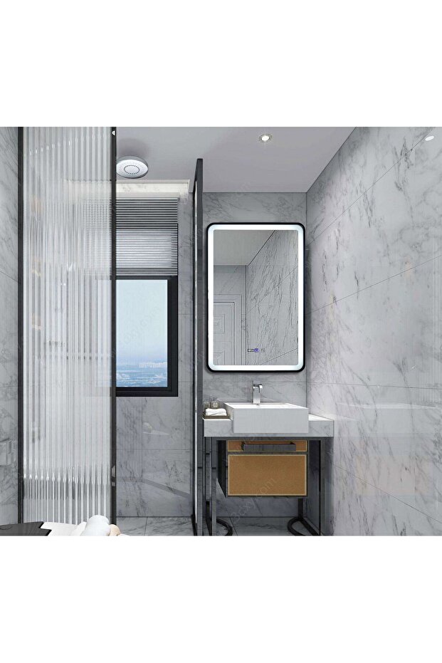LED Mirror with Touch, 60 X 100 Cm, with Defog Function and Clock, Matte Black Frame, J38, - 2