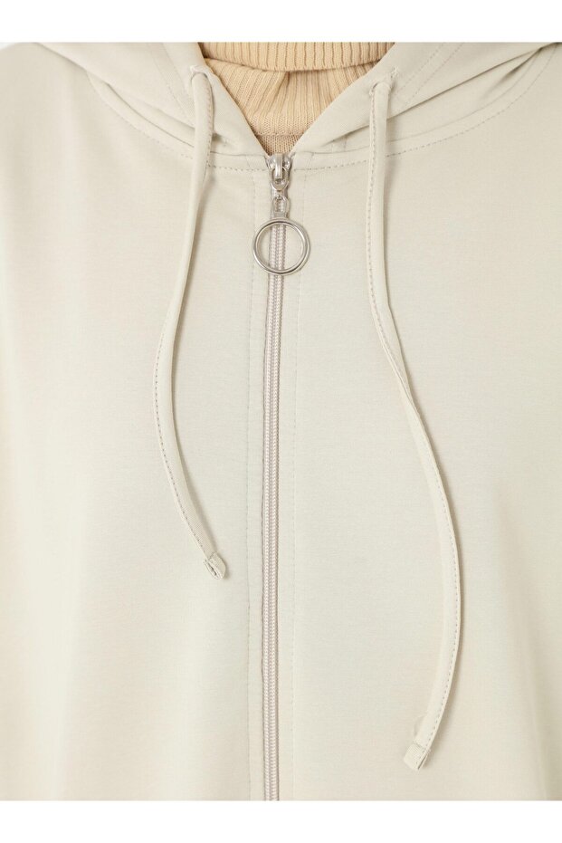 Basic Fermuarlı Kapüşonlu Sweatshirt - Tas Rengi - - 4