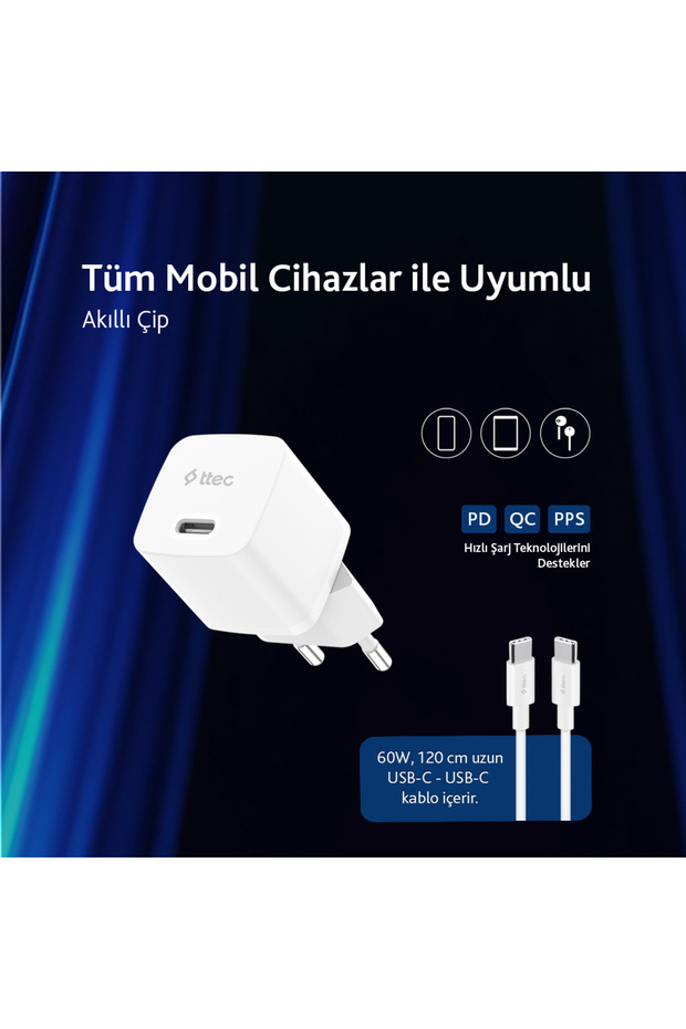 SmartCharger GAN 30W PD Seyahat Hızlı Şarj Aleti + USB-C - USB-C 3A Kablo - 2SCP03CB - 2