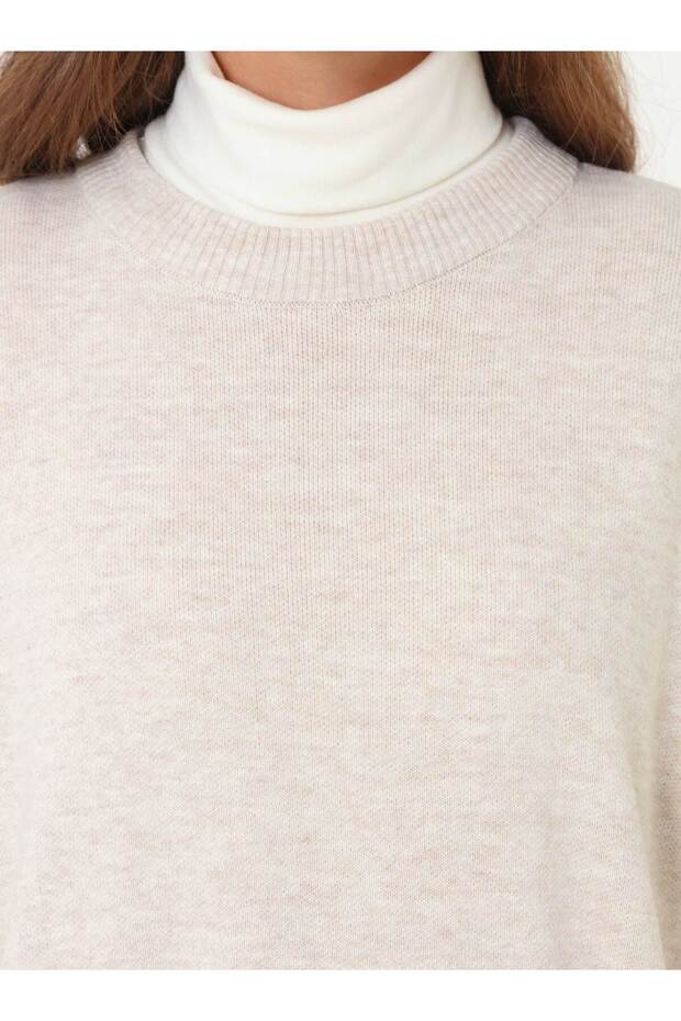 Basic Rahat Kalıp Triko Tesettür Elbise - Krem - - 5