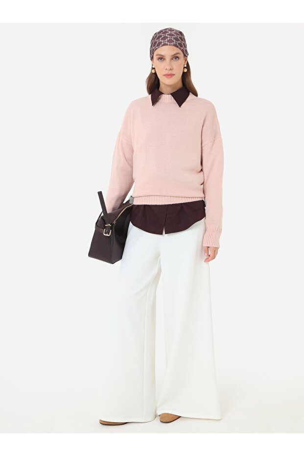 Bisiklet Yaka Basic Triko Kazak - Pudra - - 1