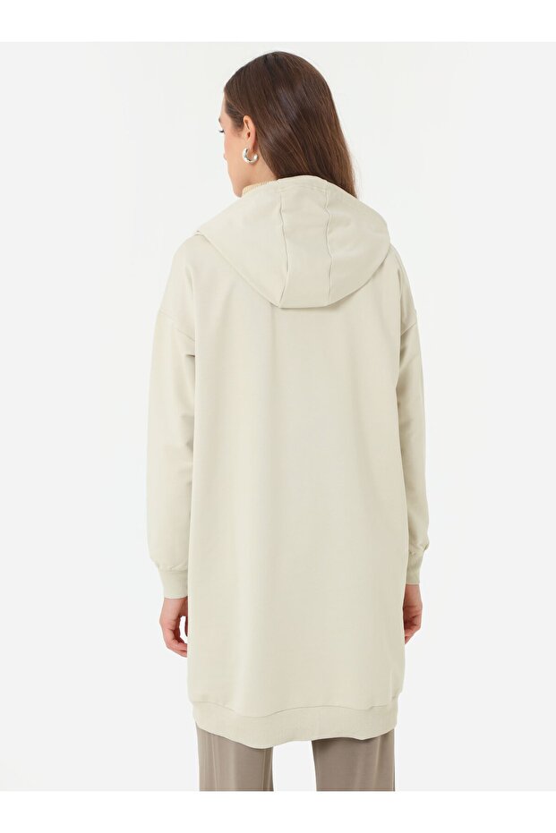 Basic Fermuarlı Kapüşonlu Sweatshirt - Tas Rengi - - 5