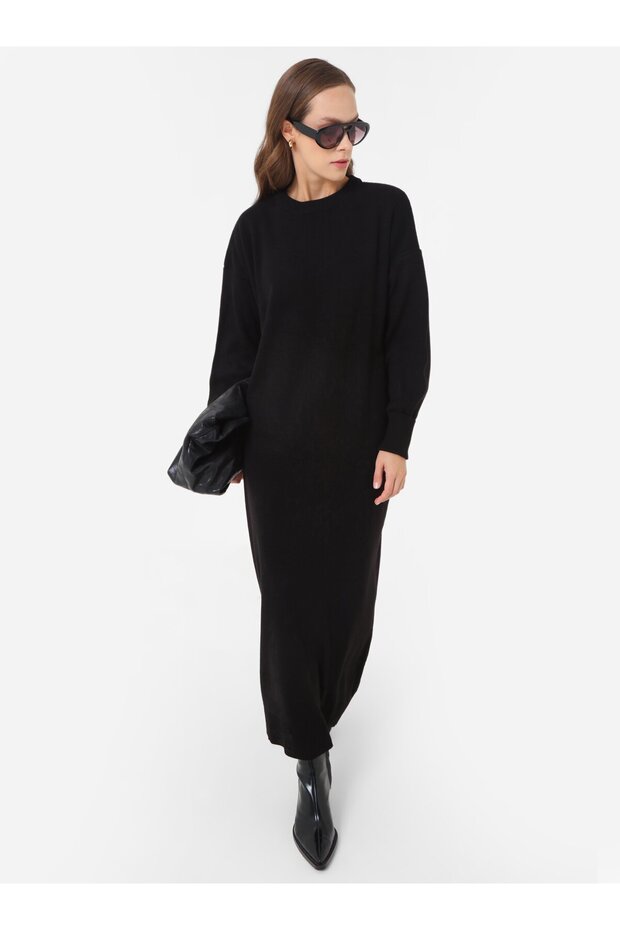 Basic Rahat Kalıp Triko Tesettür Elbise - Siyah - - 1