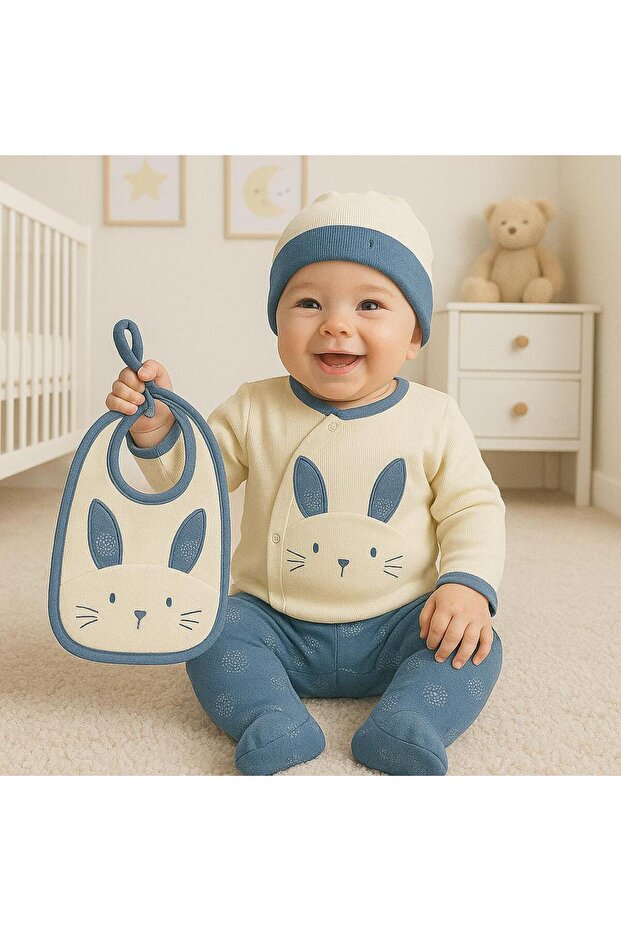 100% Cotton 5-Piece Cute Rabbit Ear Pattern Hospital Discharge Bodysuit Set (Boxed)