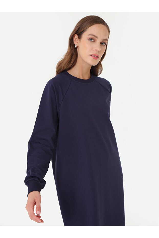 Basic Crew Neck Raglan Sleeve Long Double Tracksuit Set - Navy Blue -