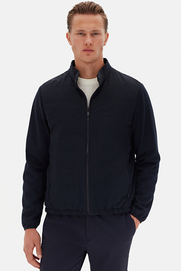 Slim Fit Navy Blue Plain Coat