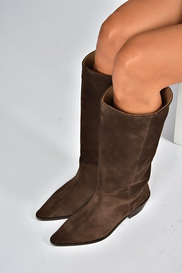 V654082102 Brown Genuine Leather Suede Thick Heeled Women's Boots