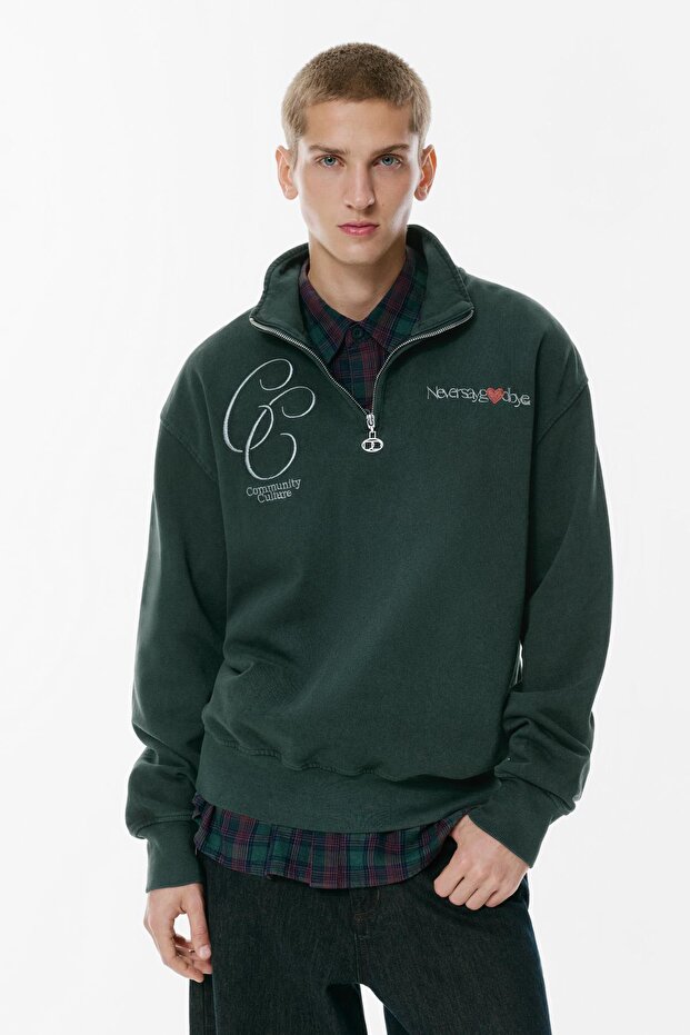 Nakışlı Fermuarlı Yaka Sweatshirt - 2