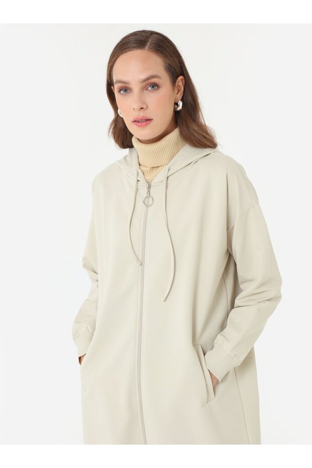 Basic Fermuarlı Kapüşonlu Sweatshirt - Tas Rengi - - 2