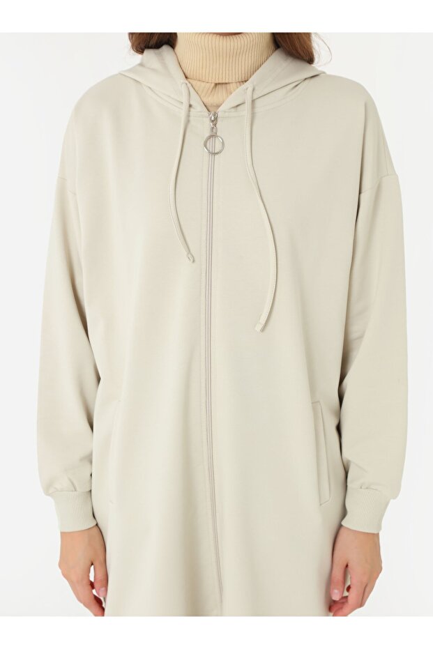 Basic Fermuarlı Kapüşonlu Sweatshirt - Tas Rengi - - 3