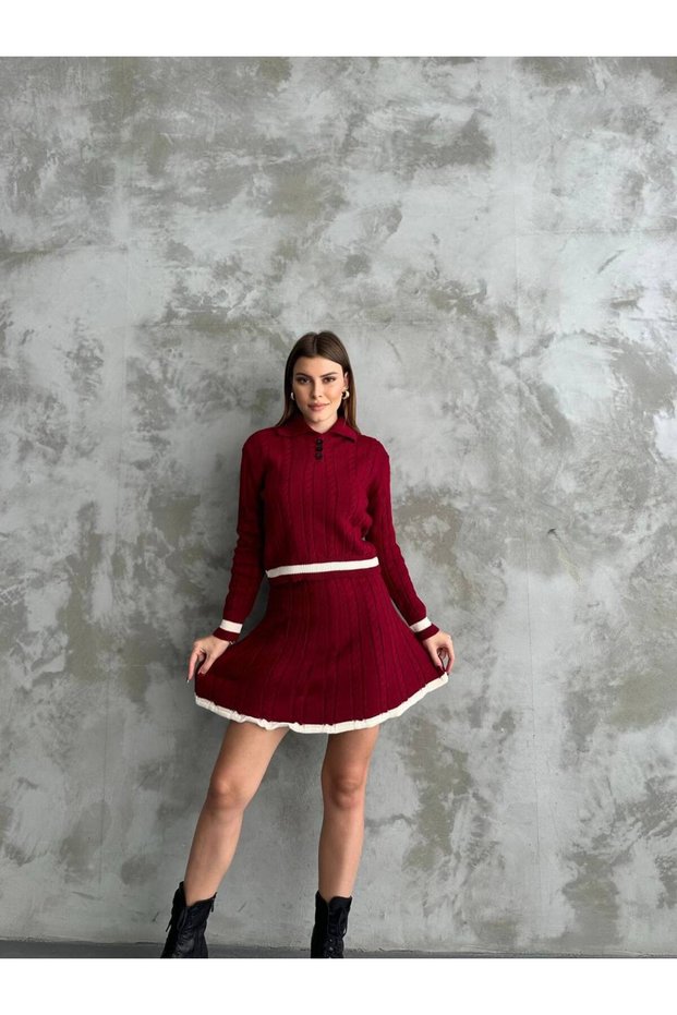 Women's Burgundy Polo Neck Stripe Detailed Skirt Sweater Two-Piece Set
