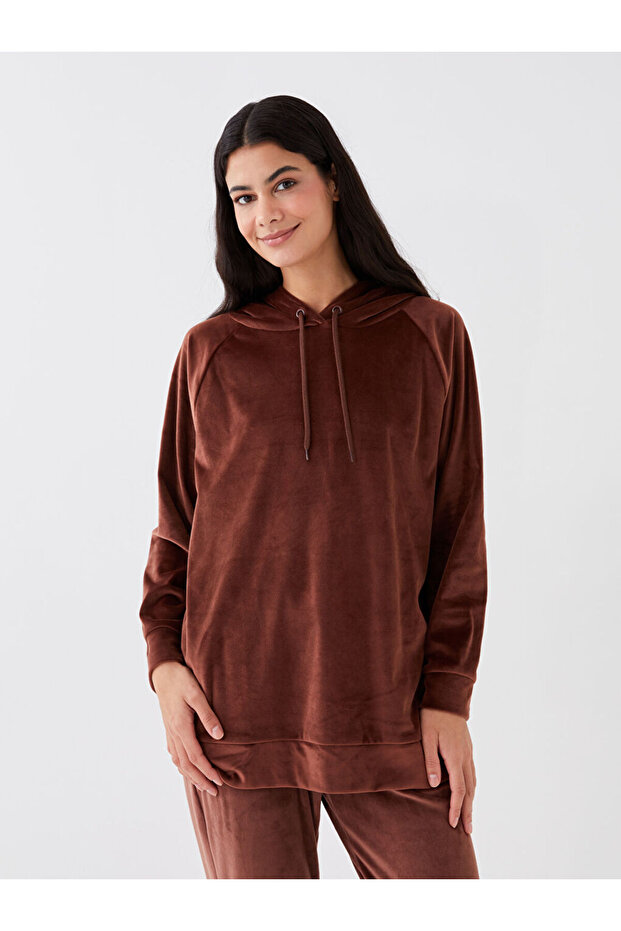 Kapüşonlu Düz Uzun Kollu Kadife Kadın Pijama Üst - 2