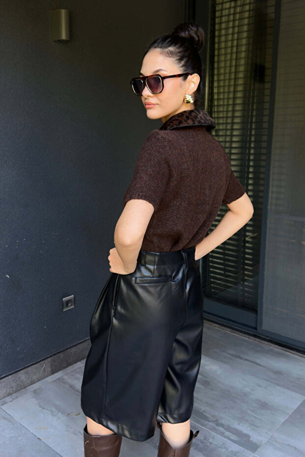 Siyah Deri Bermuda Şort - 4