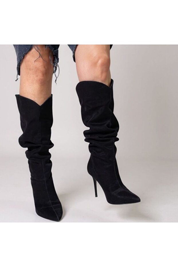 Black Suede Genuine Leather Gusseted Pointed Toe Women's Boots