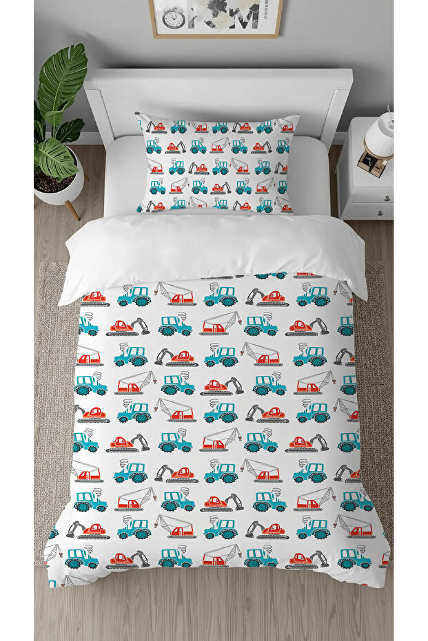 Car Truck Scoop Patterned Digital Printed Design Single Children's Duvet Cover Set Without Sheets
