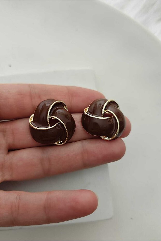 Kahve Mineli Bombeli Gold Kadın Küpe (2,5 cm çap) - 1